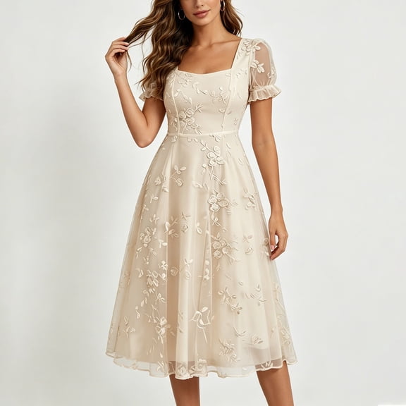 NTACZA Dresses for Women 2026 Wedding Guest Dresses Midi Dressy Square Neckline A-Line Mesh Embroidered Beige L
