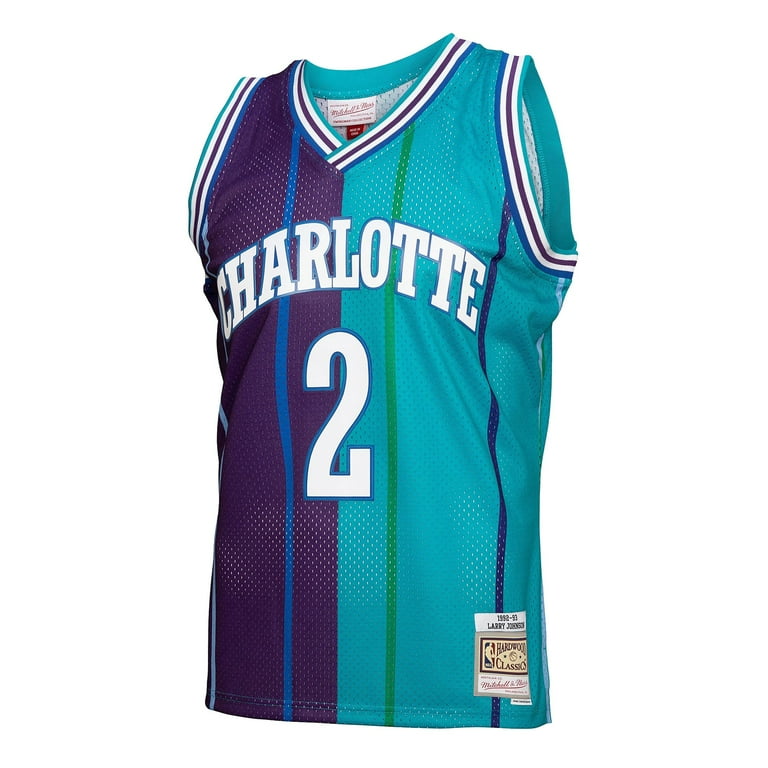 Men s Mitchell Ness Larry Johnson Teal Purple Charlotte Hornets