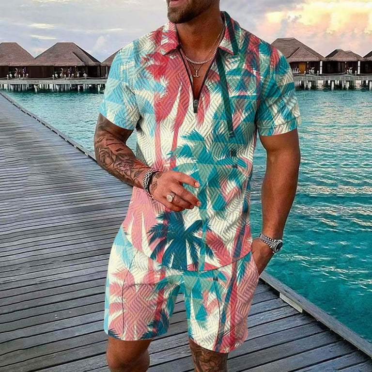 RATTOYY Cute Two Piece Outfits For Men Seaside Beach Holiday Colorful  Printing Zip Short Sleeve Shirt Shorts Outfits Male Comfy Chic Handsome  Dreesy Fancy Sets - Walmart.com