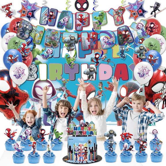 97PCS Spider Party Decorations Kit – Superhero Birthday Supplies with Backdrop, Banner, Balloons, Hanging Swirls, Cupcake Toppers and Stickers