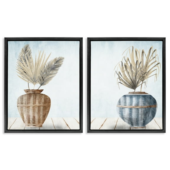 Stupell Industries Palms in Rattan Planters Floral & Botanical Painting Black Floater Framed Canvas Art Print Wall Art, 17 x 21, Set of 2