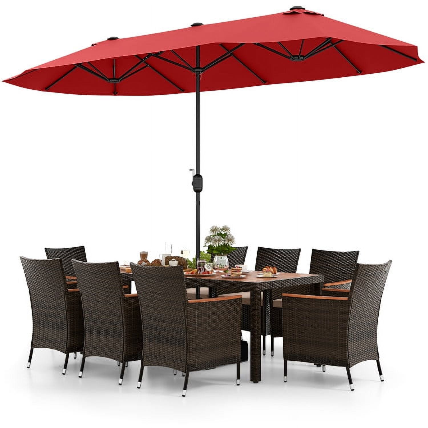 Aimee Lii 9 Pieces Patio Furniture Sets, Outdoor Dining Set with 15" Double-Sided Twin Patio Umbrella, Red Aimee Lii 9 Pieces Patio Furniture Sets, Outdoor Dining Set with 15" Double-Sided Twin Patio Umbrella, Red