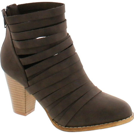 

MI IM URBAN-04 Women s Rear Zipper Cut Out Strappy Stacked Chunky Ankle Booties Grey 10