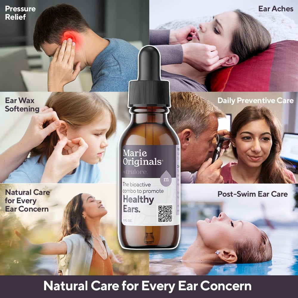 Marie Originals Natural Ear Oil Drops, Mullein & Garlic Herbal Ear Drops for Ear Comfort, Soothing Earache Support for Adults, Kids & Pets, Helps with Ear Wax Soften & Removal, 1 oz