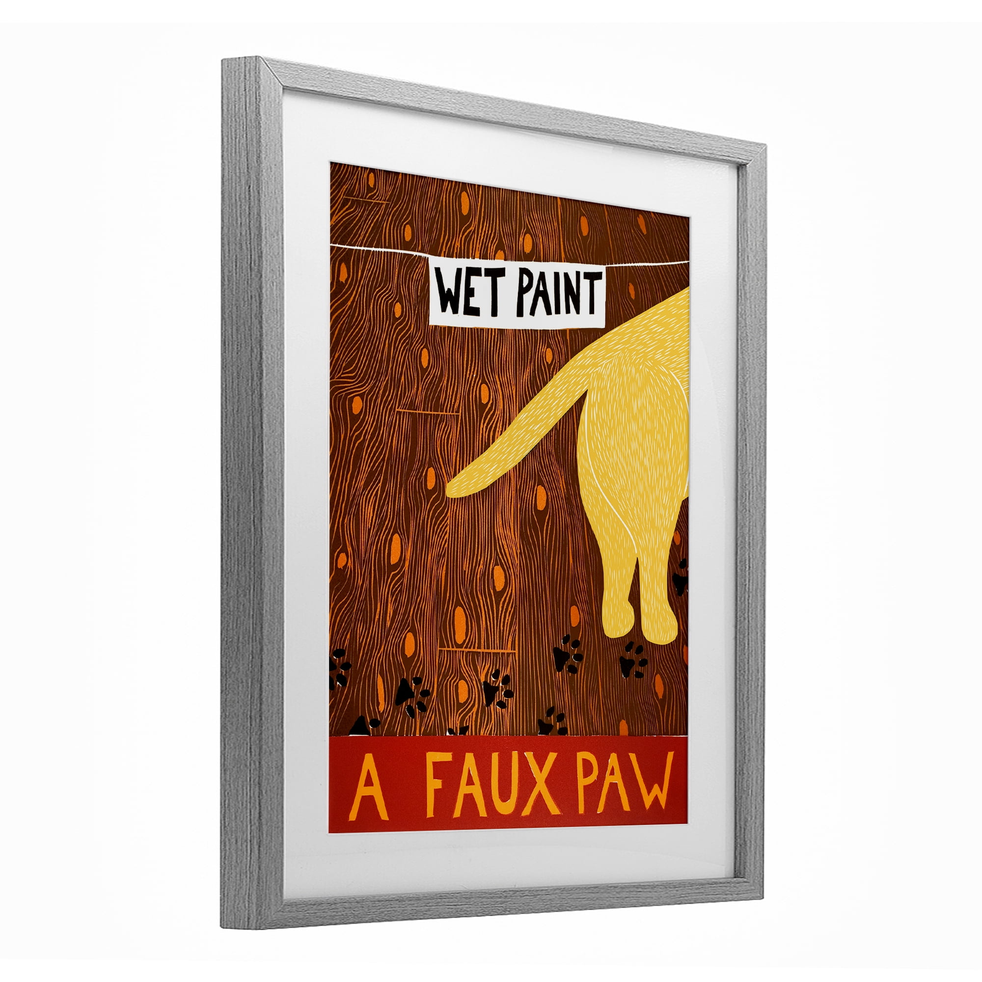 Wet Paint Faux Paw Gray Framed Print Under Glass, design by Stephen Huneck
