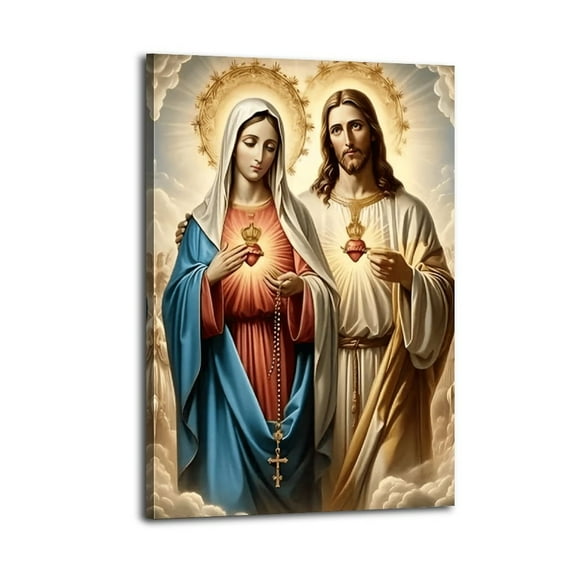 Virgin Mary & Sacred Heart Canvas Art Poster Wrapped Wooden Frame Wall Decor,,Canvas Wall Art for Living Room,Bedroom,Office,Ready to Hang