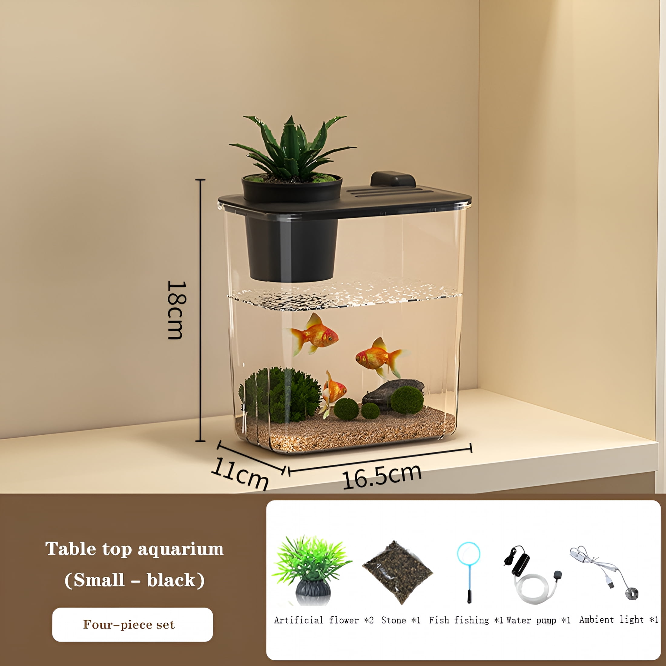 ACDANC Fish Tank Aquarium Starter Kit, Mini Desktop Rectangular Fish Tank With Pump, LED Light, Simulated Water Plants, Fish Bowl Tabletop Decoration For Shrimp Small Fish