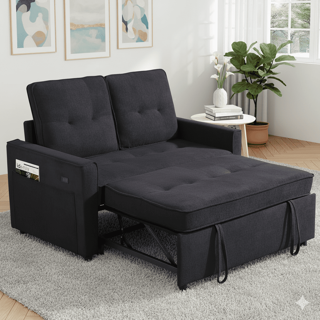 TiramisuBest 3 in 1 Sleeper Sofa Bed, 55'' Convertible Pull Out Couch with Side Pockets, Loveseat Sleeper Sofa with Adjustable Backrest for Living Room Bedroom Apartment (Black)