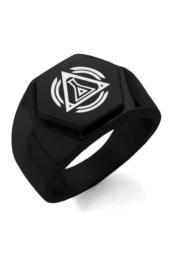 Stainless Steel Alchemy Magic Rune Engraved Hexagon Crest Flat Top Biker Style Polished Ring