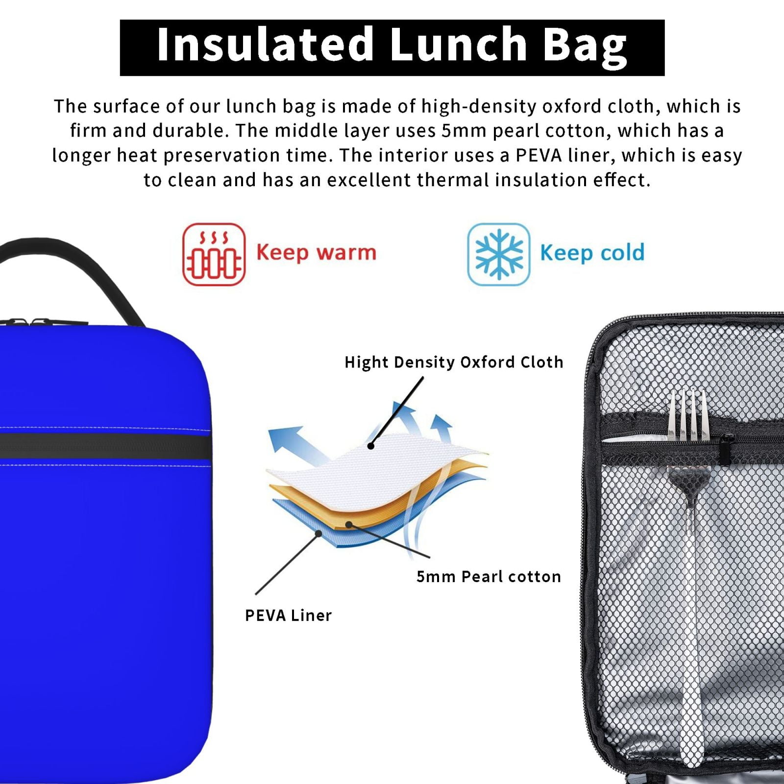 Lunch Bag For Women Men Insulated Portable Lunch Box Bento Box Office Picnic Travel Cooler Bag Blue