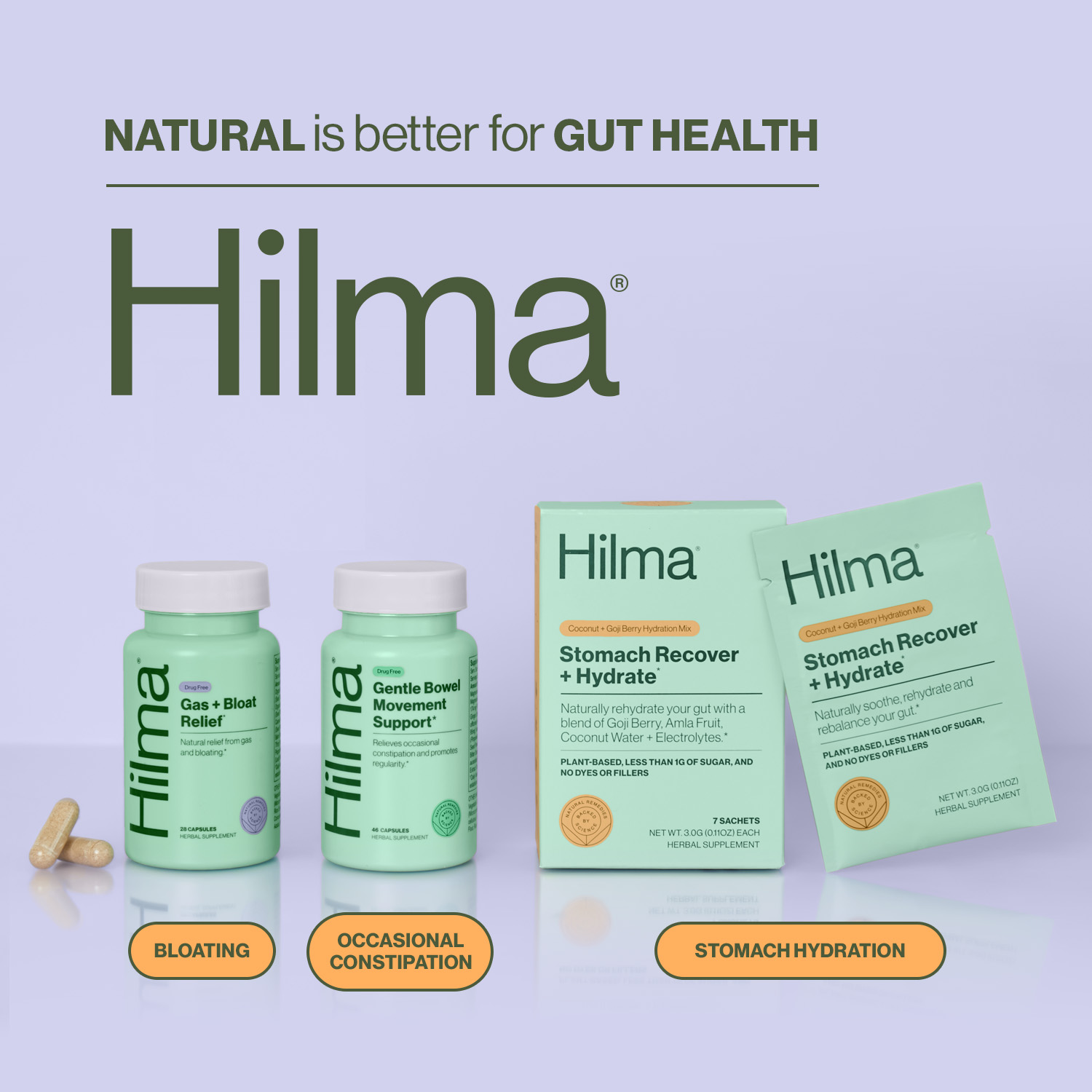 Hilma Stomach Recover and Hydrate Herbal Supplement Vegan Sachets, Natural Hydration Drink Mix, Doctor Formulated, 7 Count