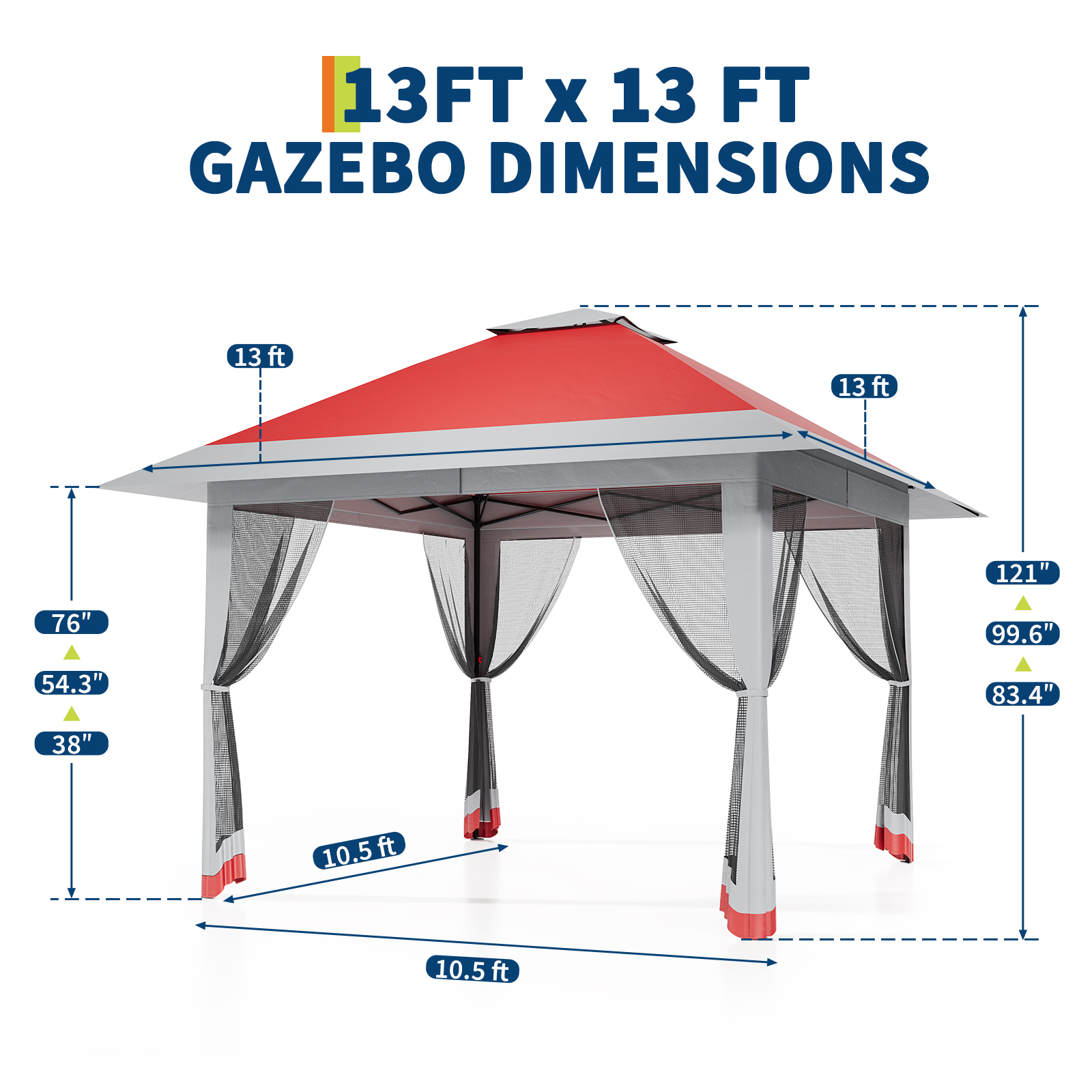 COZONY 13x13 FT Gazebo with Mosquito Netting, Adjustable Height Outdoor Canopy Tent, Double Roof UV Resistant Shelter for Patio Backyard Garden, Red