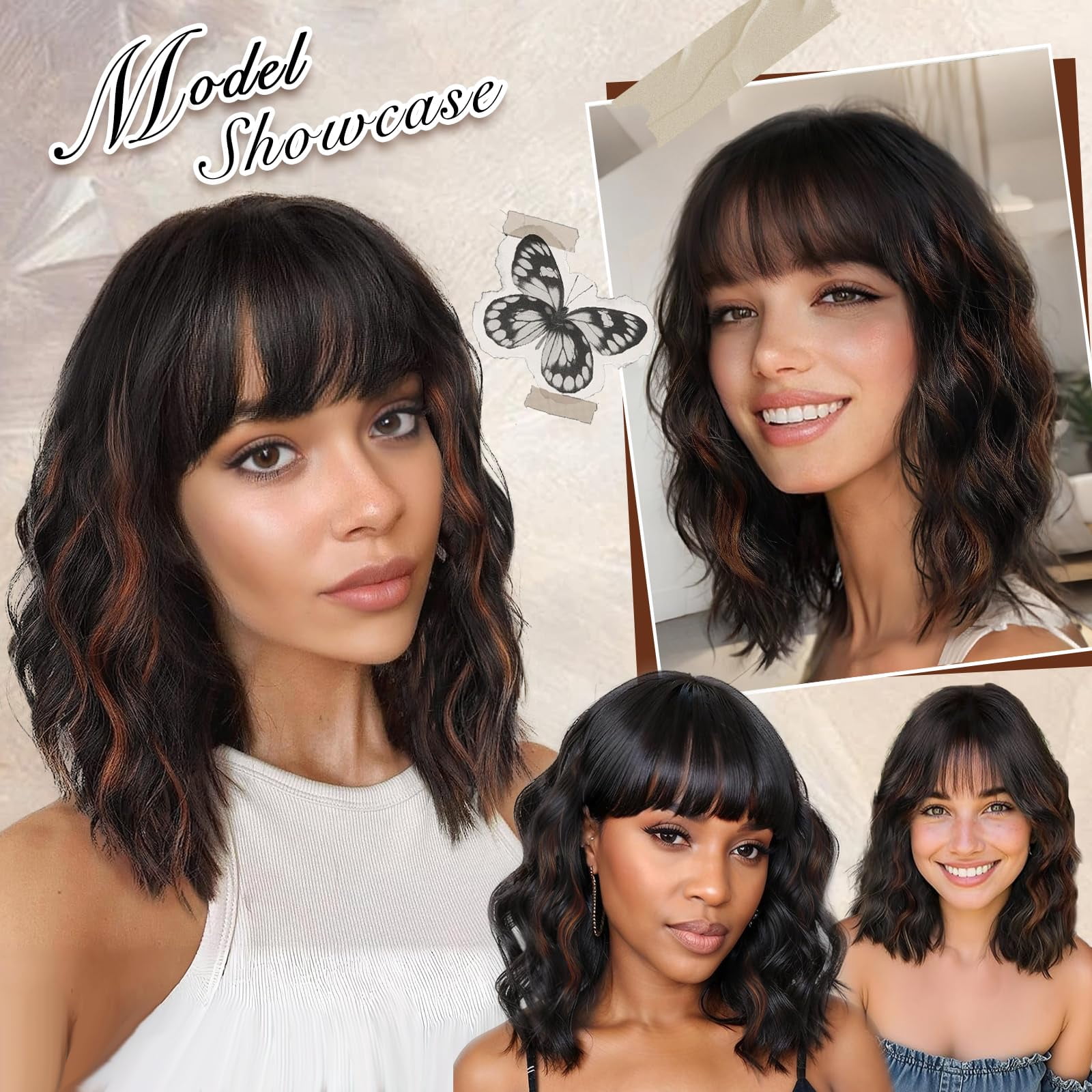 Wig with Bangs Short Bob Wigs for Women Shoulder Length Wavy Curly Wigs Synthetic Fiber Wigs 14 Inches for Daily Party Use