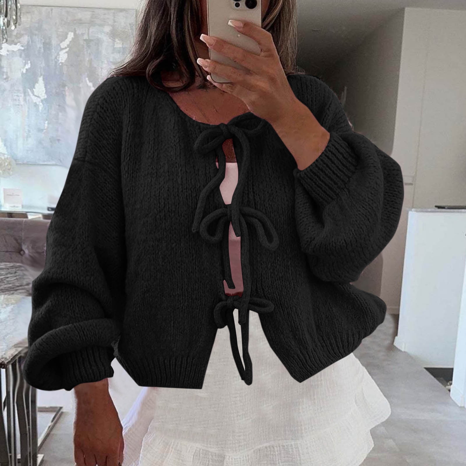 HAPIMO Women Punk Gothic Tie Front Knitted Cardigan Sweater