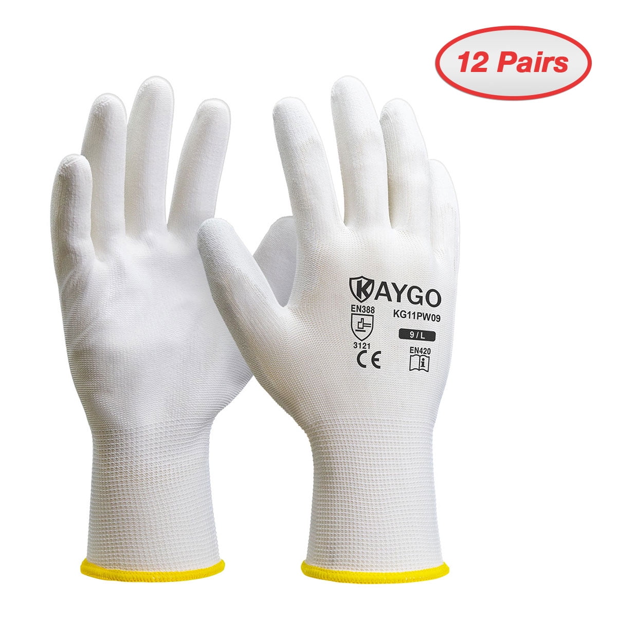 KAYGO Safety Work Gloves PU Coated-12 Pairs, KG11PB, Seamless Knit Glove  with Polyurethane Coated Smooth Grip on Palm & Fingers, for Men and Women,  Ideal for General Duty Work (Large, White) 