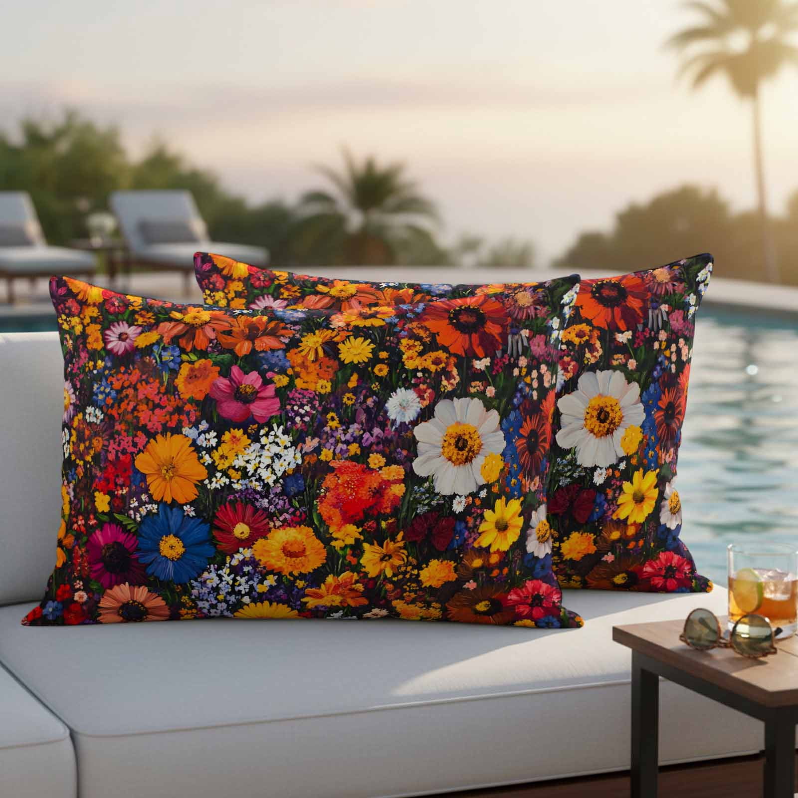 Red Orange Floral Pillow Covers 2 Pack Spring Flower Green Leaf Plant Farm Watercolor Pillowcase Waterproof Outdoor Throw Pillow Cover for Patio Balcony Rectangular Cushion 20”x12”