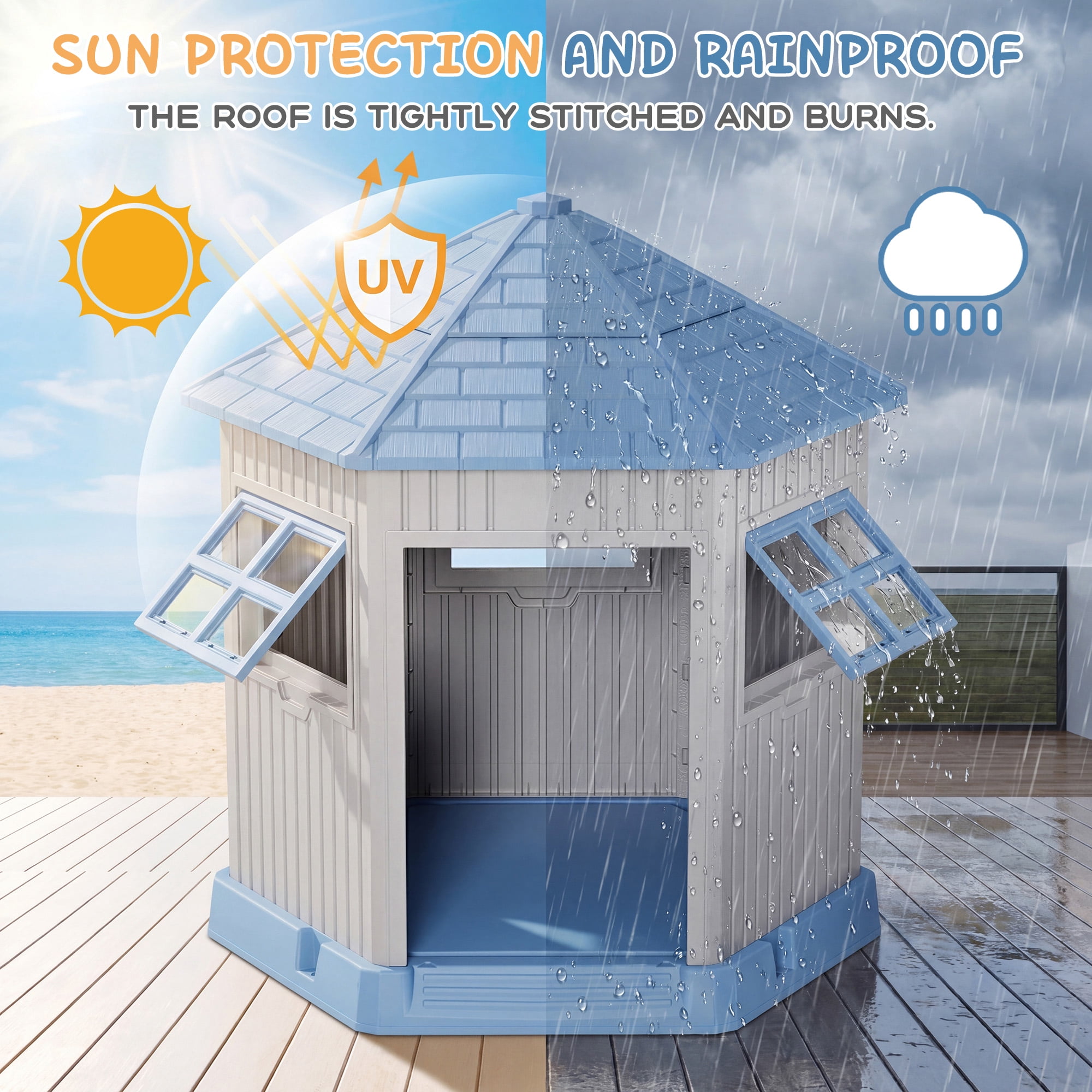 Nihsuao Durable Waterproof Dog House for Medium to Large Dogs, Indoor Outdoor Plastic Kennel with Elevated Floor & Air Vents, Easy Clean & Assemble, Blue, 33.5"L x 29.5"W x 37.4"H
