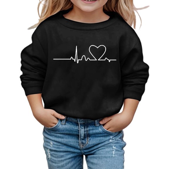 Tisuna Kids Girls Long Sleeve Sweatshirts Lightweight Crewneck Heart Print Tops Children Going Out Street Fall Outfits Size 3-4 Years Black