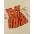 thumbnail image 3 of Qmyliery Toddler Girls Summer A-Line Dress Brown Flying Sleeve Floral Embroidery Pleated Dress, 3 of 8