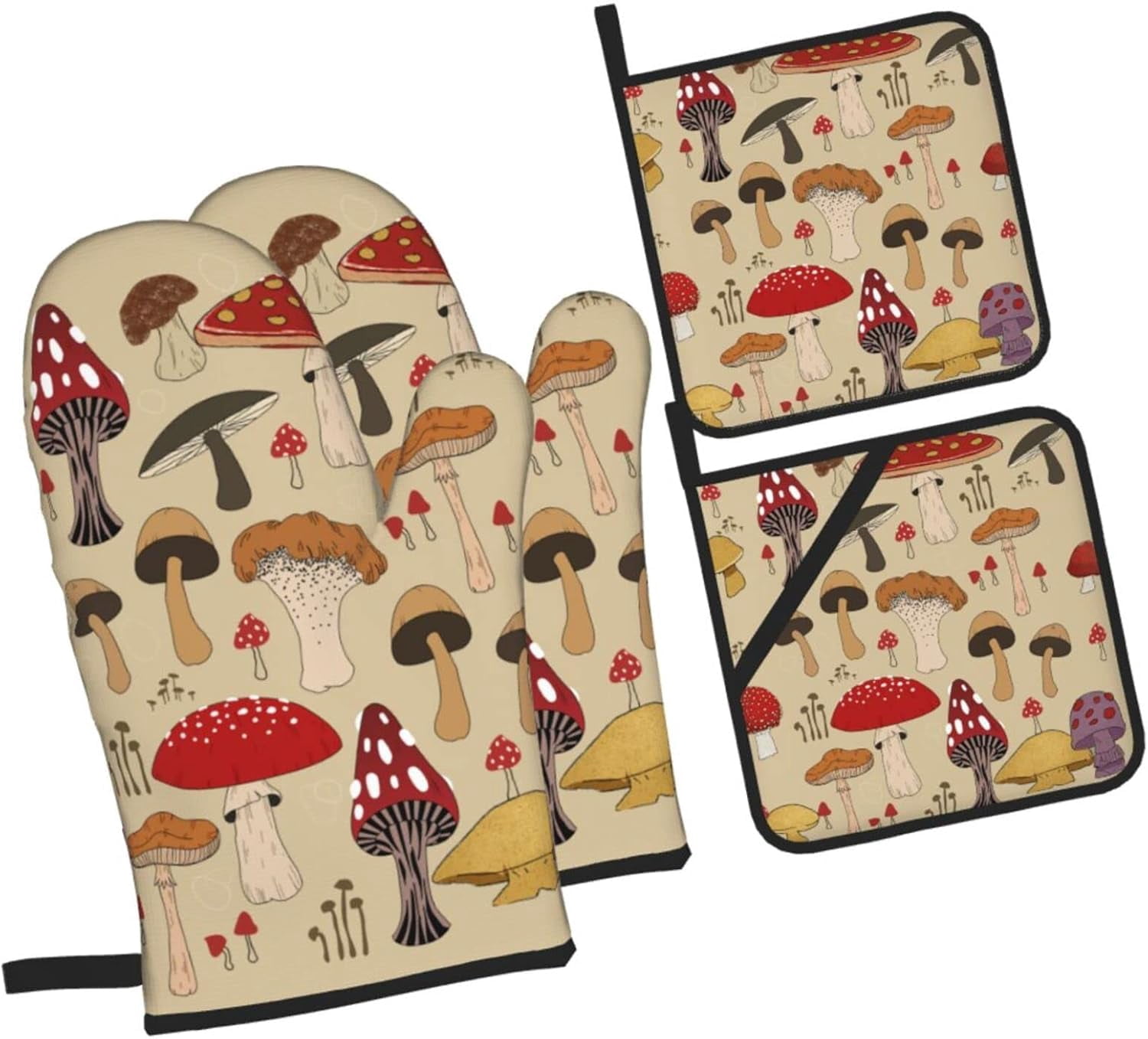 Various Mushroom Art Oven Mitts and Pot Holders Sets of 4 High Heat Resistant Oven Mitts with Oven Gloves and Hot Pads Polyester Potholders for Kitchen Baking Grilling BBQ Non-Slip Cooking Mitts