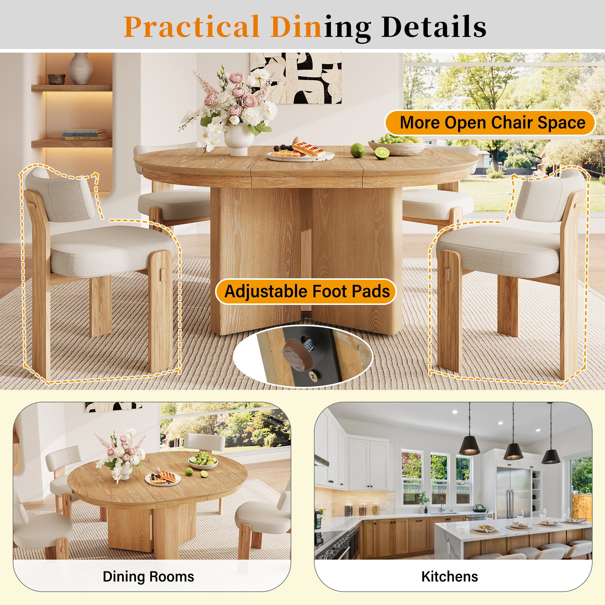42-58 Inch Extendable Oval Dining Table with Pedestal Base, Modern Farmhouse Kitchen Table and Dining Room Centerpiece, Natural