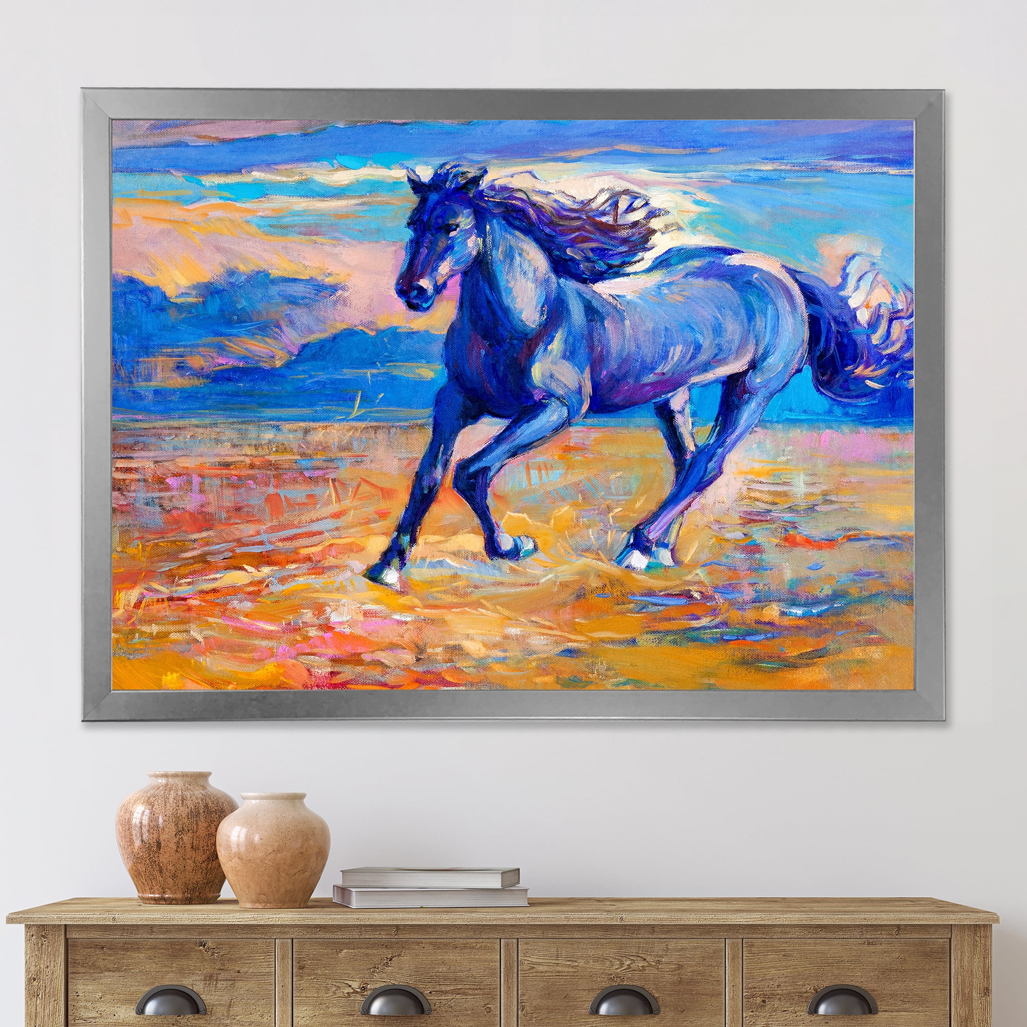 Designart 'Abstract Blue Horse Galoping Over The Prairie' Farmhouse Framed Art Print