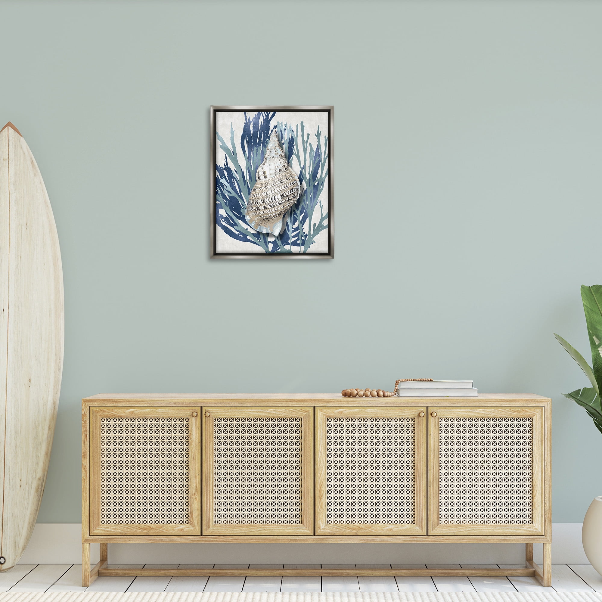 Stupell Industries Shell Coral Blue Beach Design Nature Painting Gray Floater Framed Canvas Art Print Wall Art, 25 x 31