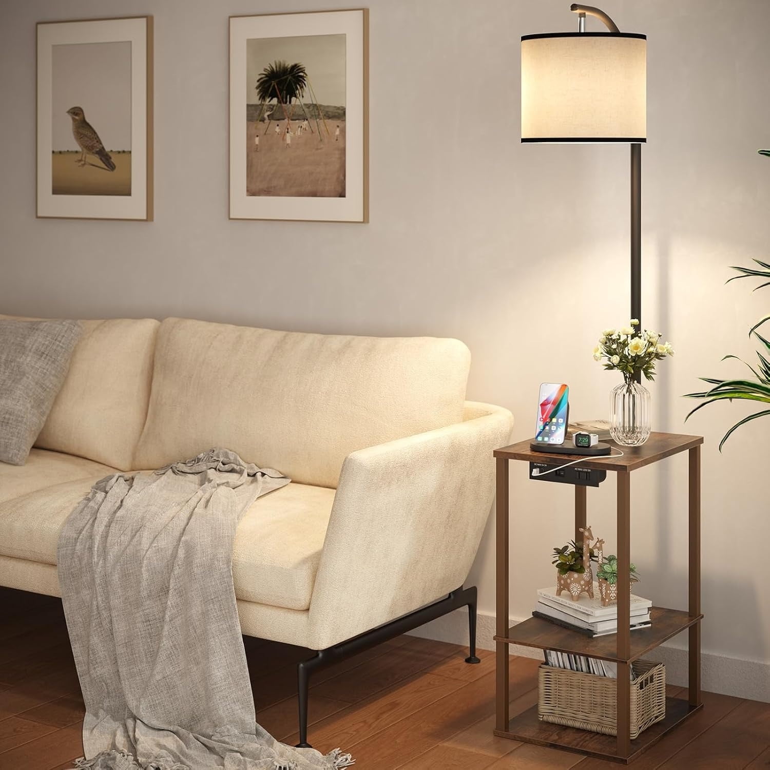 Floor lamp with table, living room side table with lamp, shelf side table with charging station