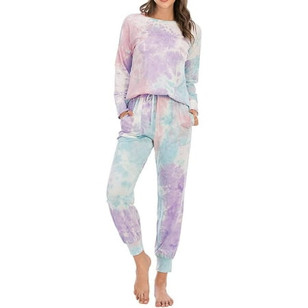 

CoCopeaunts Women Casual Pajamas Tie Dyed Loungewear Long Sleeve Wide Leg Long Pants Sweatsuit Pajamas 2 Piece Outfits