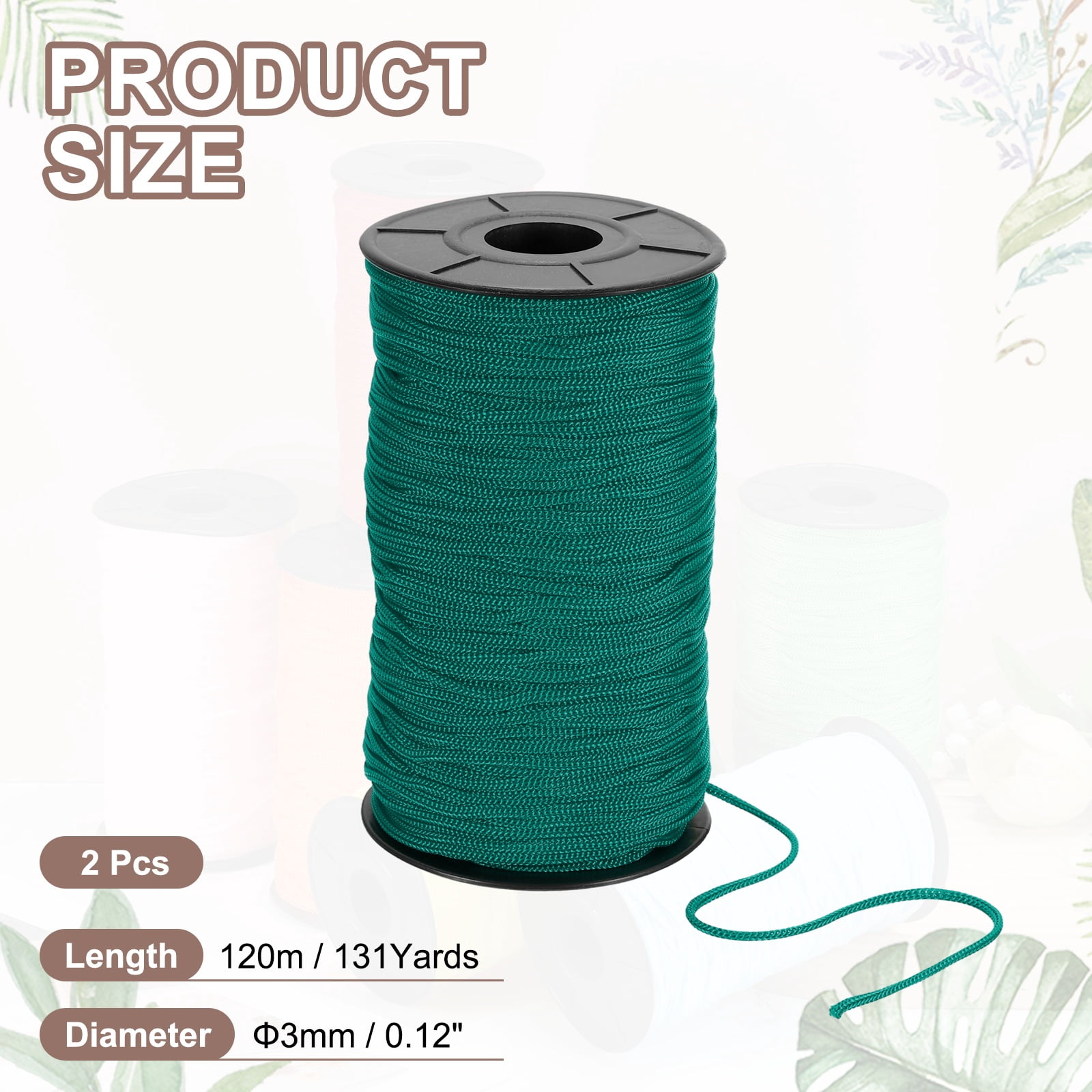 Uxcell 2 Pcs Polyester Macrame Cord, 3mm x 131 Yards Polypropylene Crochet Braided Rope Macrame Yarn for Wall Hangings Bag Craft Knitting, Deep Green