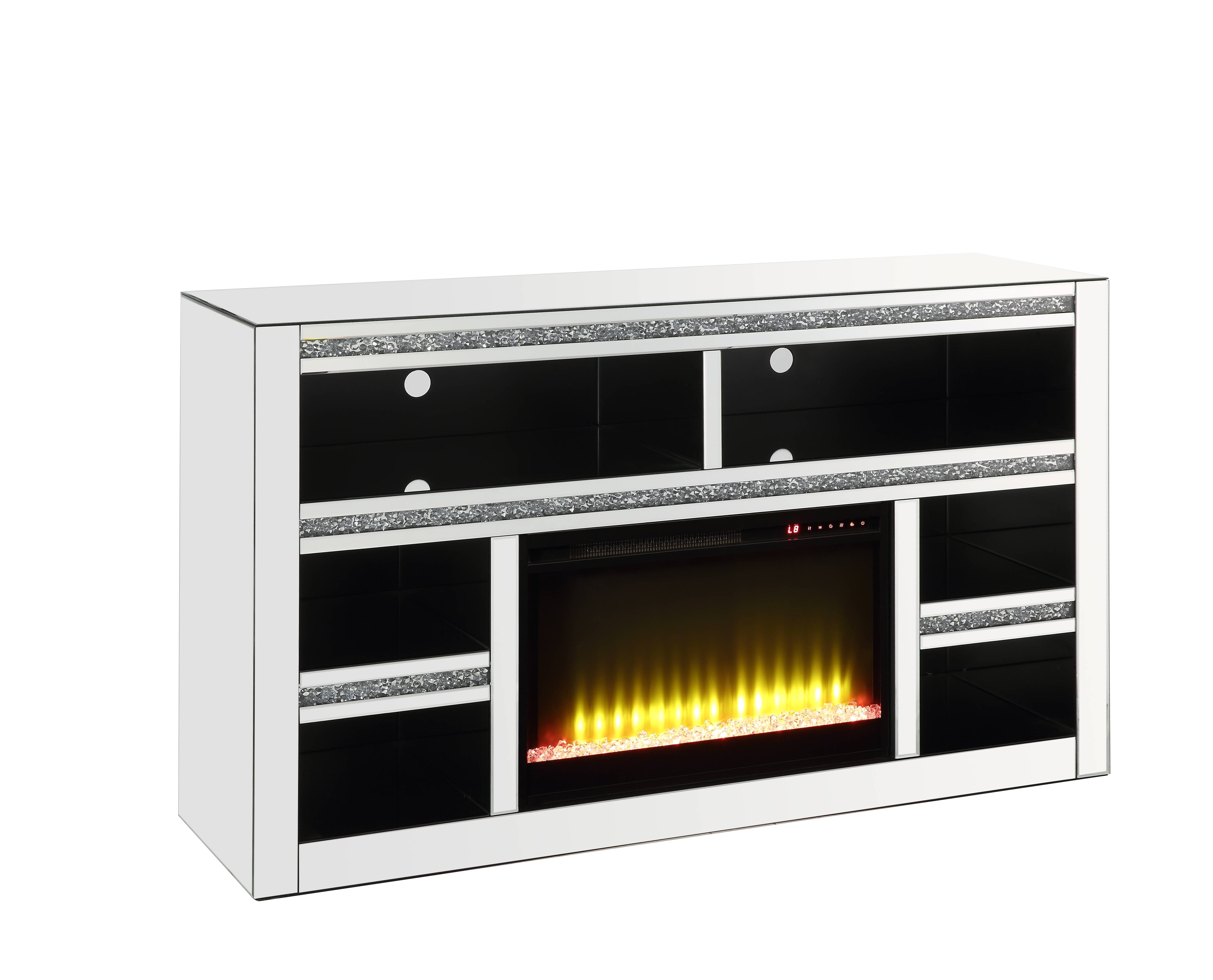 Noralie TV Stand with Fireplace in Mirrored & Faux Diamonds