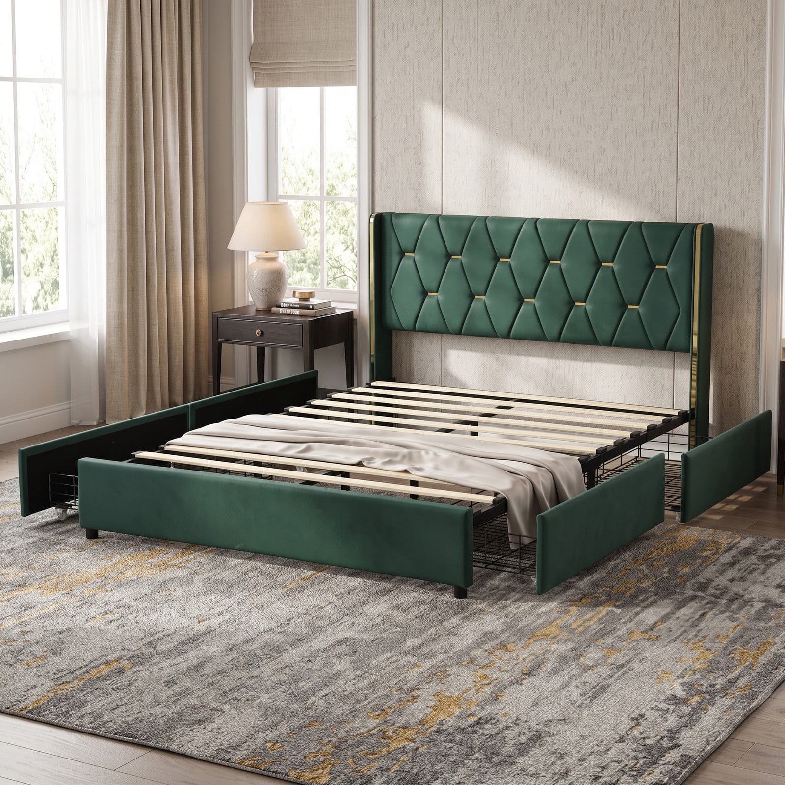 Furnibear Queen Bed Frame with Storage, Upholstered Platform Bed with High Headboard, 4 Storage Drawers and Gold Trim, No Box Spring Needed, Green