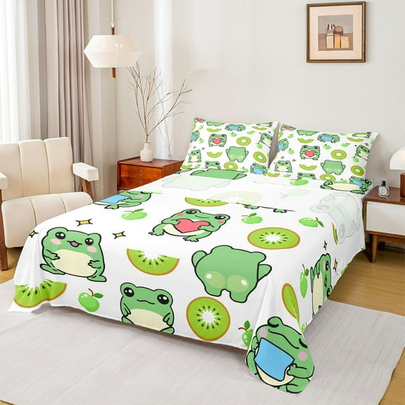 Homewish Cute Cartoon Frog Twin Sheet Sets,Rustic Animal Twin Fitted Sheet,Green Beige Flat Sheet For Girl Boys,Super Cozy Room Decor,3pcs