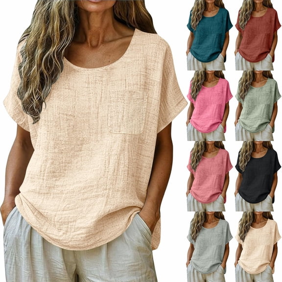 Aboser Seniors Womens Short Sleeve Tops Classic Cotton Linen T Shirt Lightweight Breathable Crewneck Shirts Solid Color Loose Fitted Blouses for Ladies Summer Clothes