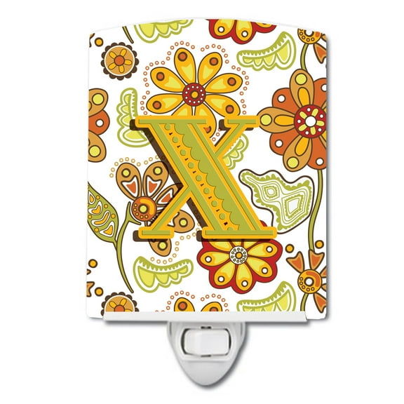 Caroline's Treasures CJ2003-XCNL Letter X Floral Mustard and Green Ceramic Night Light, 6x4x3", multicolor