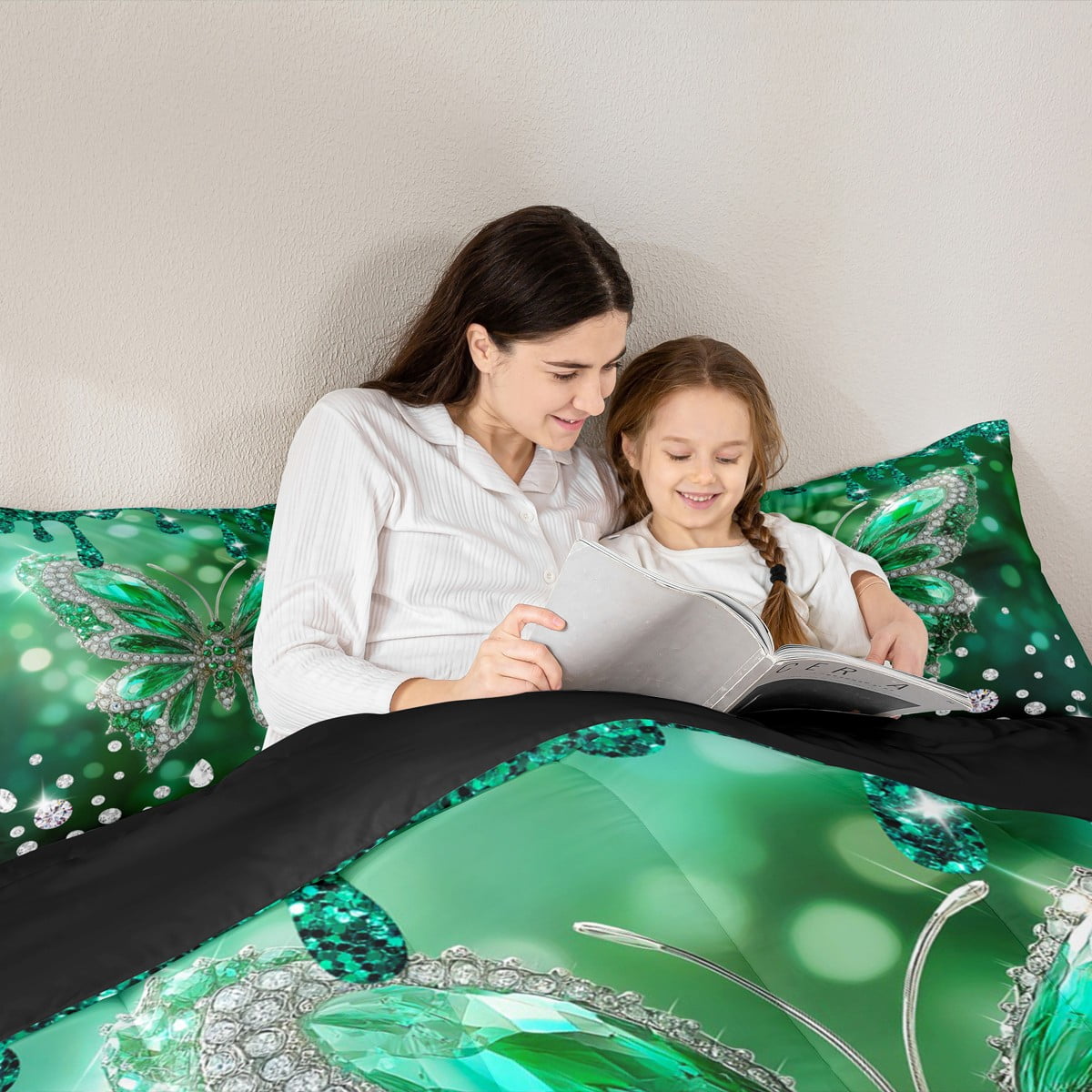 jejeloiu Chic Butterfly 7 Pieces Bedding Comforter Set,Diamond Moth Full Bedding Set,Green Sliver Fitted Sheet Flat Sheet For Girls Kids,Luxury Bedroom Decor Reversible