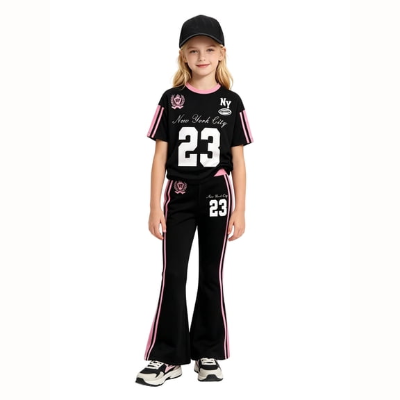 Jamsmile Toddler Girls Athletic Outfits Sets Summer Long Sleeve Tops With Flare Pants Soft 2 Piece Girls Football Tracksuits