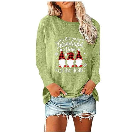 

Christmas Tops Womens Fall Fashion Plus Size Christmas Print Round Neck Long Sleeved Long T-shirt Cotton T Shirts for Women US Christmas Pajamas for Family Women Tops and Blouses