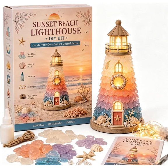 Beginner-Friendly DIY Lighted Sea Glass Lighthouse Kit Collection, DIY Lighthouse Craft Kit with LED Light, Coastal Craft Kit for Adults, Beach House Decoration and Creative Handmade Gift,#D