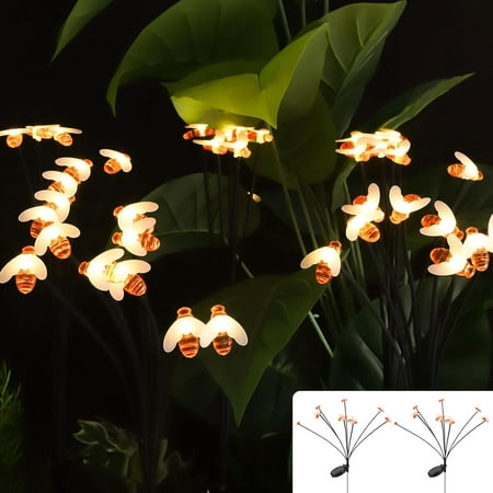 Solar Bee Lights - 2-Pack Outdoor Waterproof Garden Lights with 16 LED in Warm White for Yard and Pathway Decor.