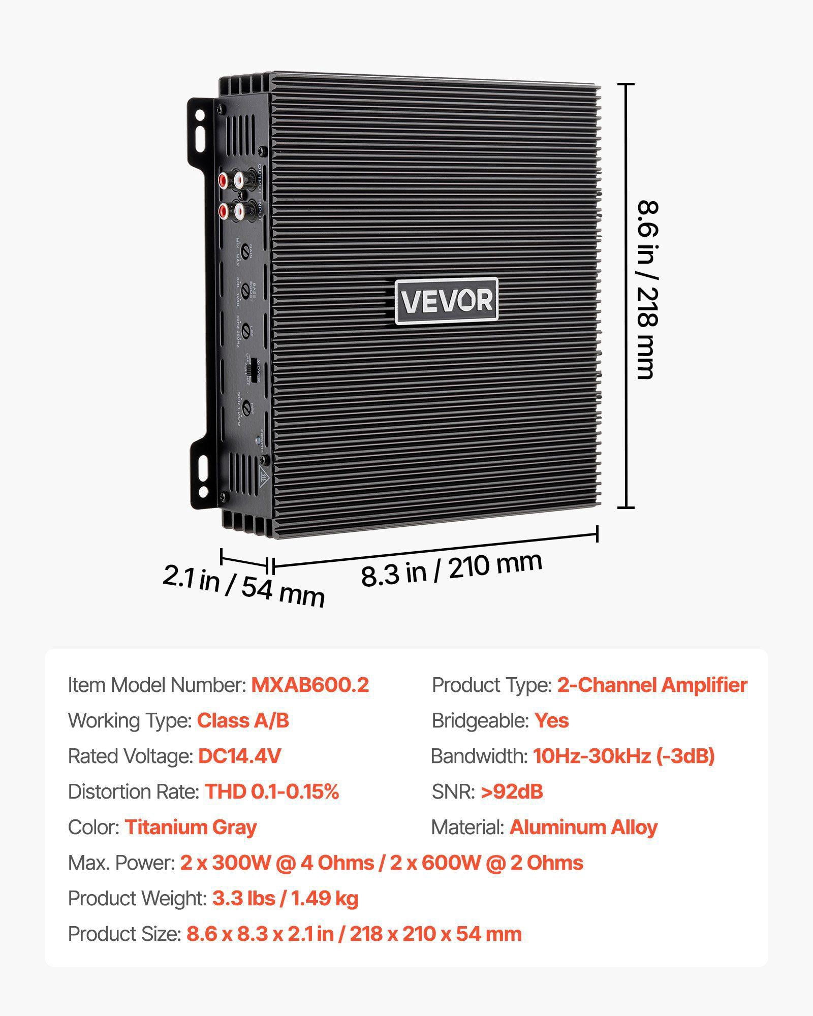 2 Channel Car Audio Amplifier 2 Ohm Stable Bridgeable Class A/B Full Range Stereo Amp Max Power 2 x 300W at 4 Ohm 2 x 600W at 2 Ohm for Car SUV Truck Off Road