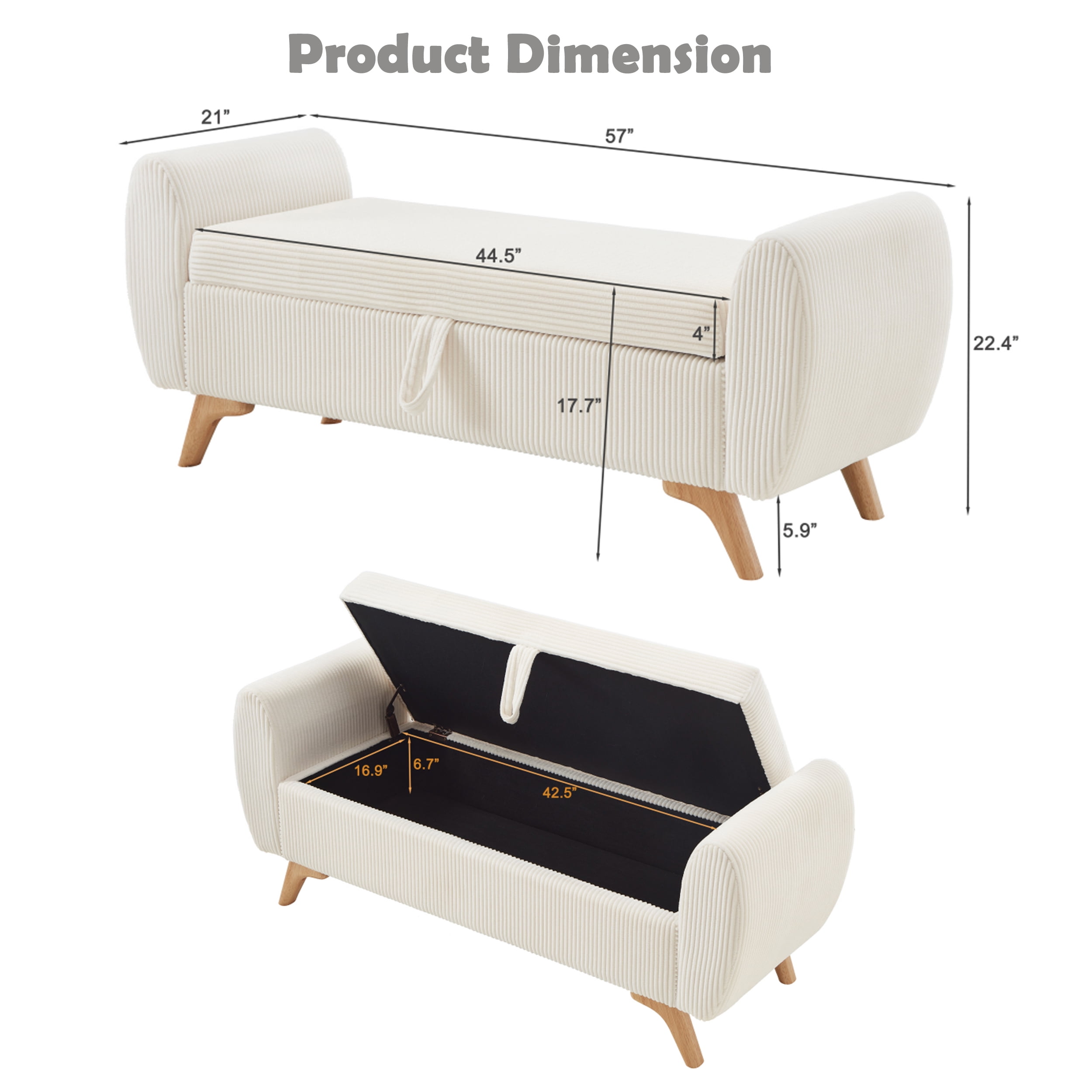 Storage Bed Bench 57 Inch, Corduroy Upholstered Bench with Flip Top Storage for Bedroom Hallway, Beige