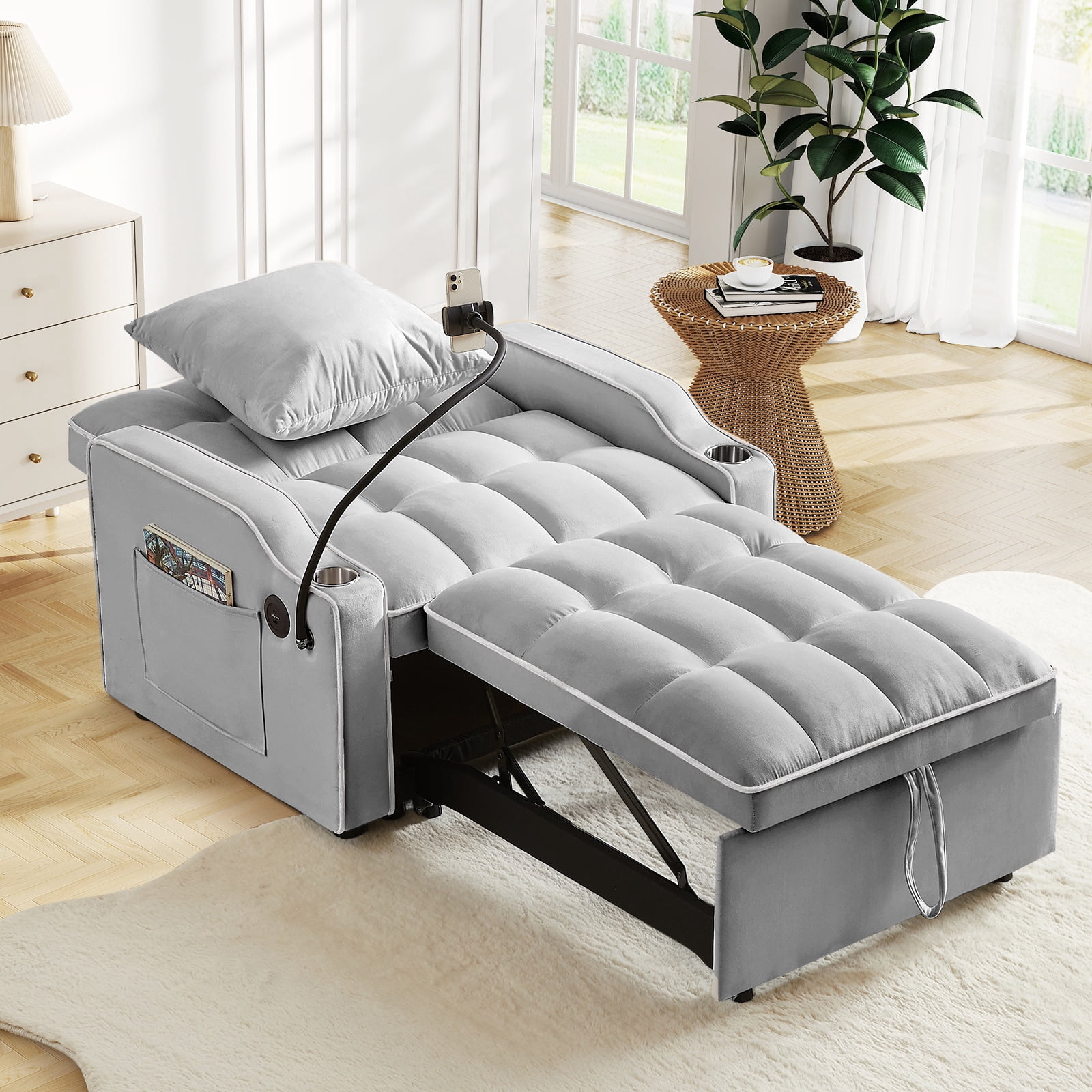 Lunale 4-in-1 Convertible Sleeper Chair Bed with Charge Ports & Phone Stand, Gray Velvet