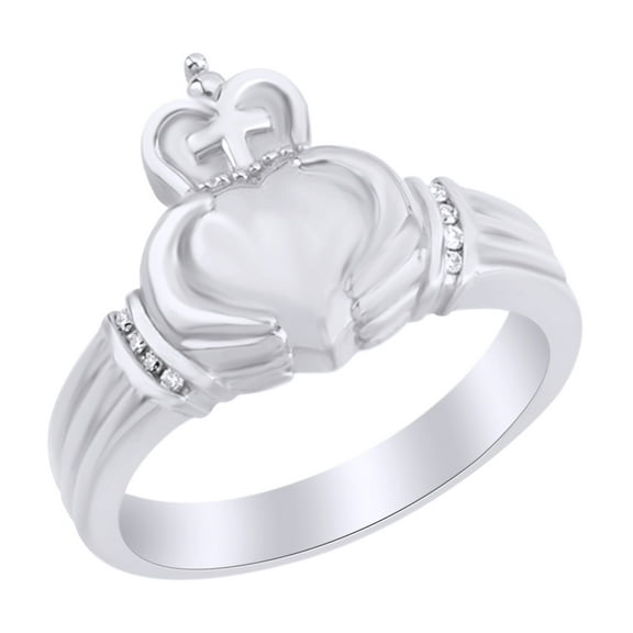 AFFY White Natural Diamond Cross Claddagh Men's Ring in 14k White Gold Ring Size : 4