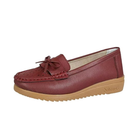 OJSFQUFP Womens Running Shoes Ladies Fashion Solid Color Breathable Hollow Leather Bow Decorated Flat Casual Single Shoe Womens Comfort Shoes Red 40