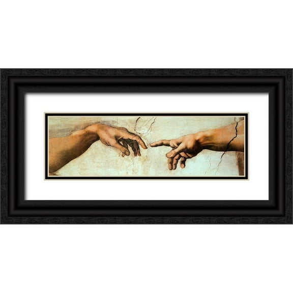 Michelangelo 32x12 Black Ornate Wood Framed with Double Matting Museum Art Print Titled - Creation Of Adam (Detail 2)