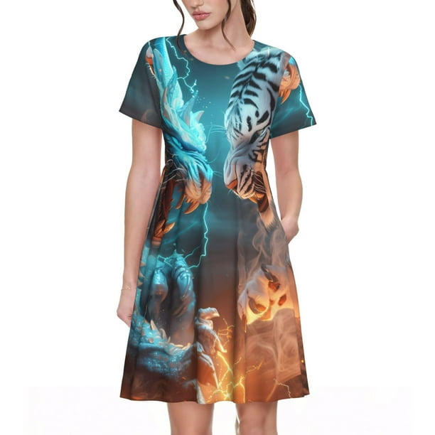 Fotbe Blue Dragon And White Tiger Vestido Largo de Moda para Mujer, Vestido Tipo Camiseta con Manga Corta y Estilo Casual a Rayas y Bloques de Color