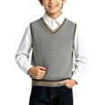 thumbnail image 2 of SERTGUTR Boys V Neck Sweater Vest, Striped Ribbed Trim Sleeveless Knit Pullover, School Uniform Classic Fit, Everyday Layering Top, 2 of 7