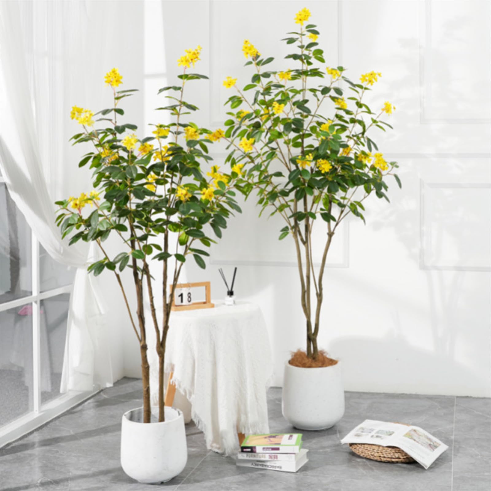 Artificial Flower Tree, Blooming Flower Artificial Tree Pre Potted, Faux Floor Plants with Yellow Flowers and Green Leaves for Garden Home Wedding Party-59/51in