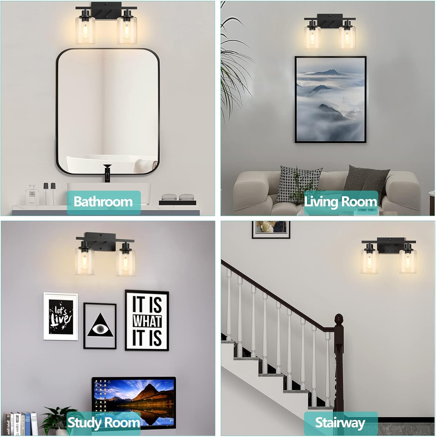 2-Light Black Bathroom Light Fixture, Vanity Light Over Mirror with Clear Glass Shade, Bathroom Wall Sconces Lighting for Bedroom, Living Room, Hallway, E26 Base (Bulbs Not Included)